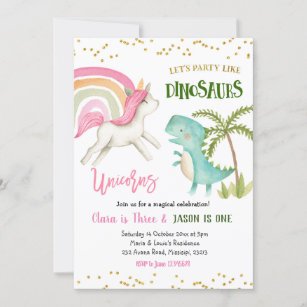 Dinosaurussen en Unicorns Sibling Birthday Invitat Kaart
