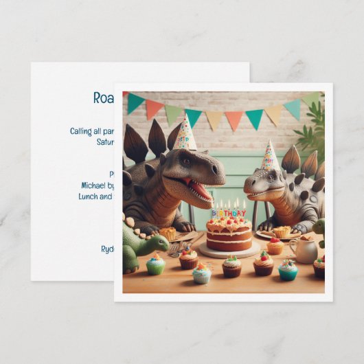 Dinosaurussen eten taart verjaardag uitnodiging (Voorkant / Achterkant)