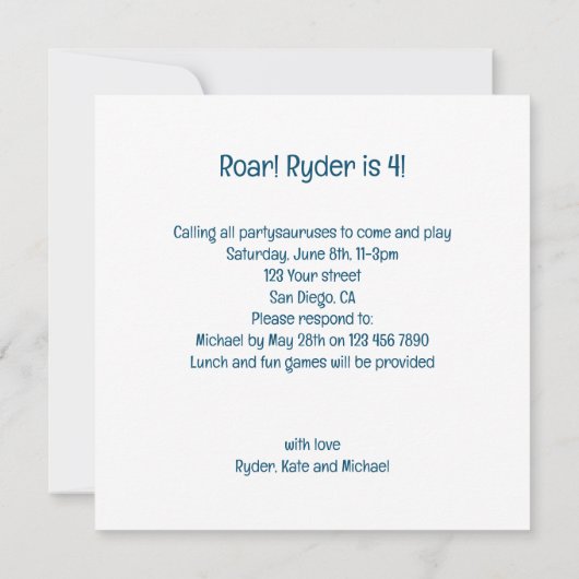 Dinosaurussen eten taart verjaardag uitnodiging (Achterkant)