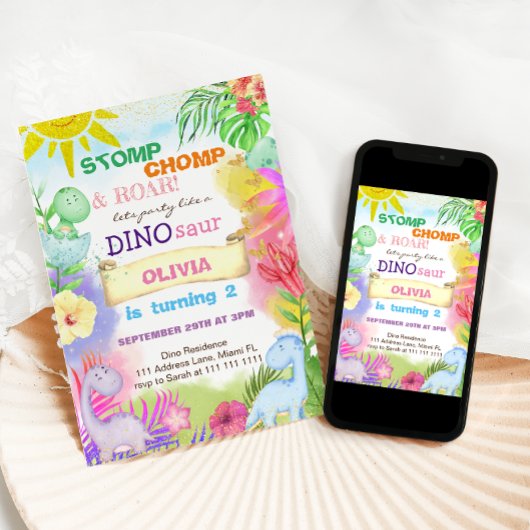 Dinosaurussen Floral Glitter Meisje 2e Verjaardag Kaart