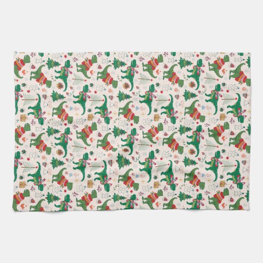 Dinosaurussen in Truien Kerstpatroon Theedoek (Horizontaal)
