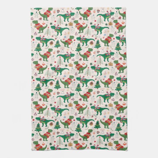 Dinosaurussen in Truien Kerstpatroon Theedoek (Verticaal)