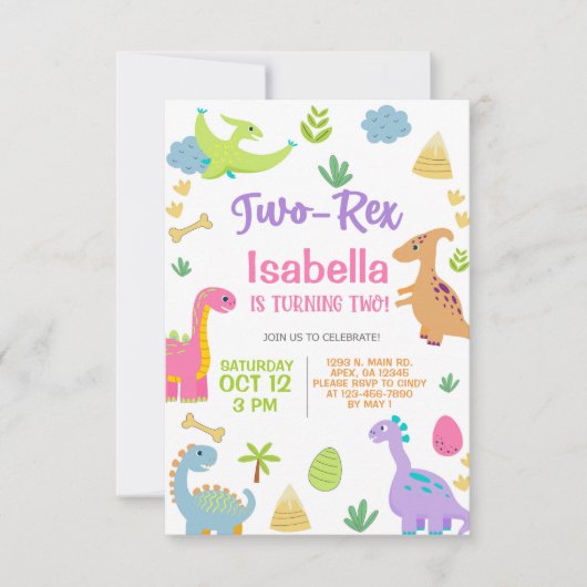 Dinosaurussen meisje TWO-REX 2e verjaardag uitnodi Kaart (Voorkant)