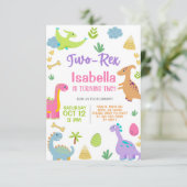 Dinosaurussen meisje TWO-REX 2e verjaardag uitnodi Kaart (Staand voorkant)