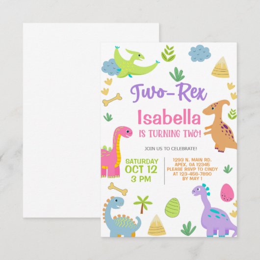 Dinosaurussen meisje TWO-REX 2e verjaardag uitnodi Kaart (Voorkant / Achterkant)