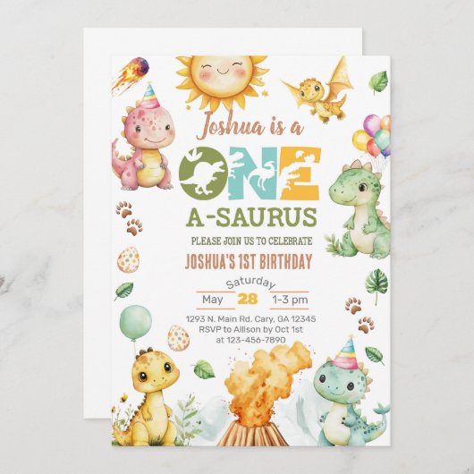 Dinosaurussen One-A-Saurus 1e verjaardag uit te no Kaart (Voorkant / Achterkant)