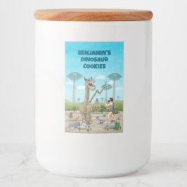 Dinosaurussen ontmoeten het stenen tijdperk voedselcontainer etiket