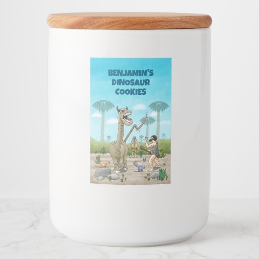 Dinosaurussen ontmoeten het stenen tijdperk voedselcontainer etiket (Voorkant)