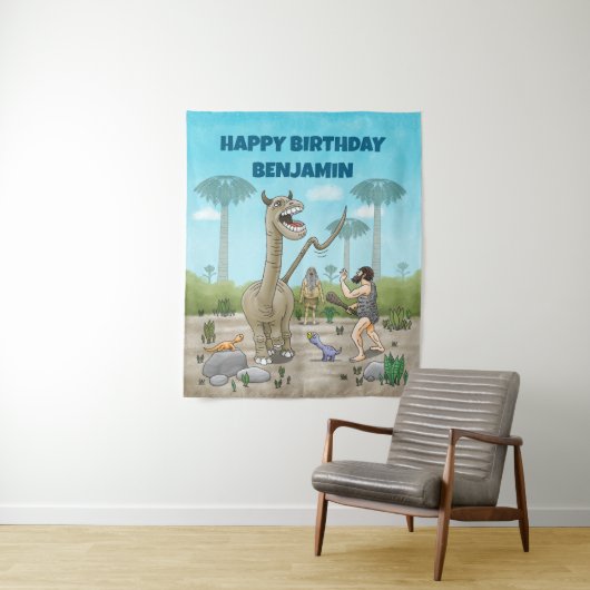 Dinosaurussen ontmoeten het stenen tijdperk wandkleed (In situ)