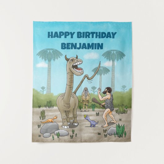 Dinosaurussen ontmoeten het stenen tijdperk wandkleed (Voorkant)