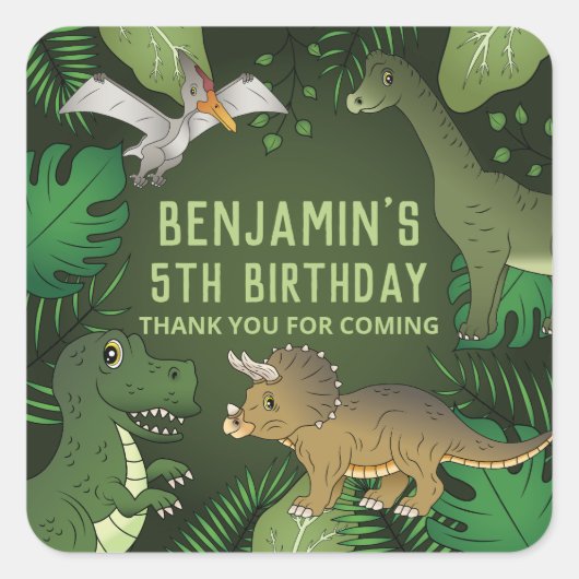 Dinosaurussen op de Groene Bladeren Birthday Party Vierkante Sticker (Voorkant)