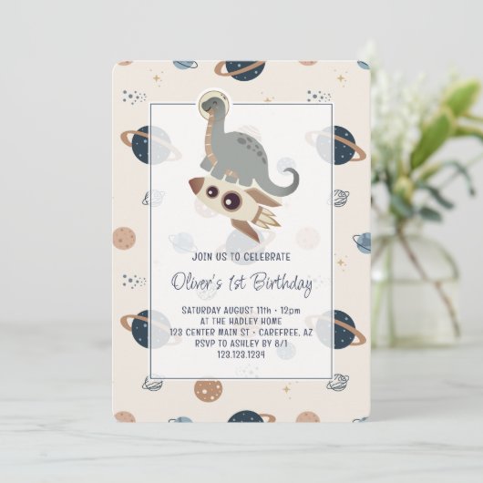 Dinosaurussen Outerspace Dino Boho 1e verjaardag Kaart (Staand voorkant)