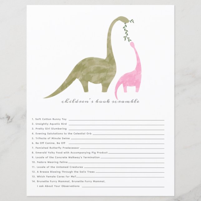 Dinosaurussen Roze Baby shower Boek Scramble Game (Voorkant)