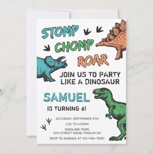 Dinosaurussen Stomp Chomp Roar Birthday Party, elk Kaart (Voorkant)