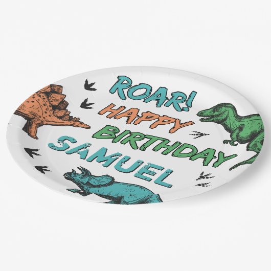 Dinosaurussen Stomp Chomp Roar Birthday Party, elk Papieren Bordje (Gekanteld)