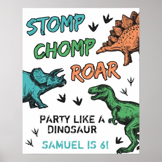 Dinosaurussen Stomp Chomp Roar Birthday Party, elk Poster (Voorkant)