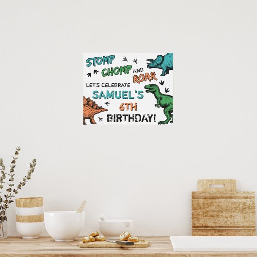 Dinosaurussen Stomp Chomp Roar Birthday Party, elk Poster (Keuken)