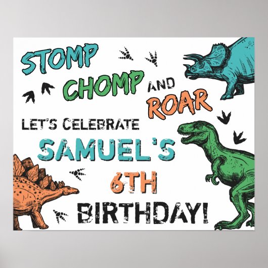 Dinosaurussen Stomp Chomp Roar Birthday Party, elk Poster (Voorkant)