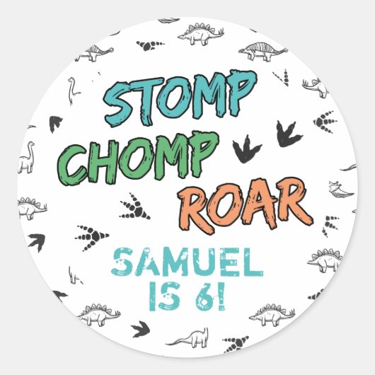 Dinosaurussen Stomp Chomp Roar Birthday Party, elk Ronde Sticker (Voorkant)