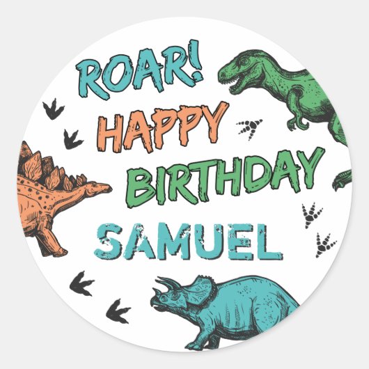Dinosaurussen Stomp Chomp Roar Birthday Party, elk Ronde Sticker (Voorkant)