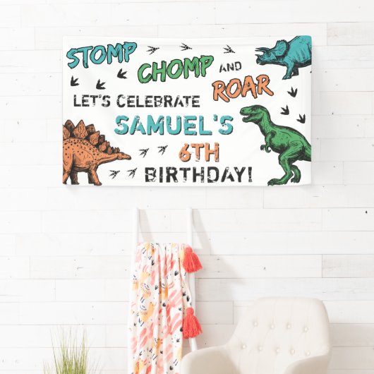 Dinosaurussen Stomp Chomp Roar Birthday Party, elk Spandoek (Insitu)