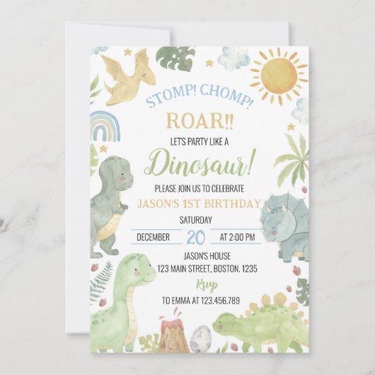 Dinosaurussen Stomp Chomp Uitnodiging voor verjaar (Voorkant)