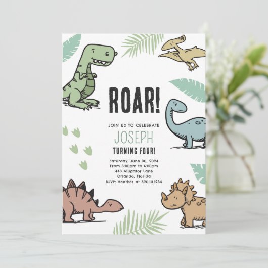 Dinosaurussen T-Rex Verjaardagsfeest Uitnodigen Kaart (Staand voorkant)