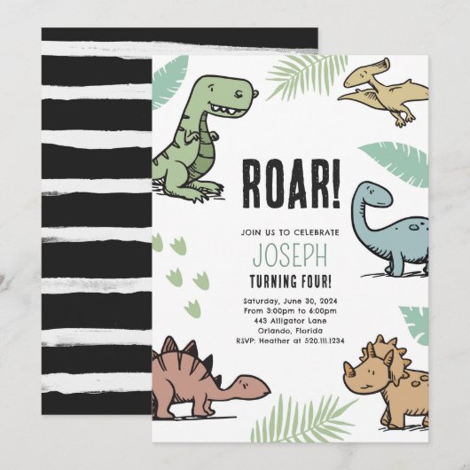 Dinosaurussen T-Rex Verjaardagsfeest Uitnodigen Kaart (Voorkant / Achterkant)