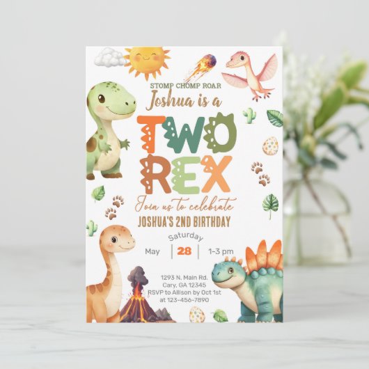 Dinosaurussen TWEE-REX jongen 2e verjaardag uitnod Kaart (Staand voorkant)