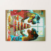 Dinosaurussen werken samen om een taart te bakken legpuzzel (Horizontaal)