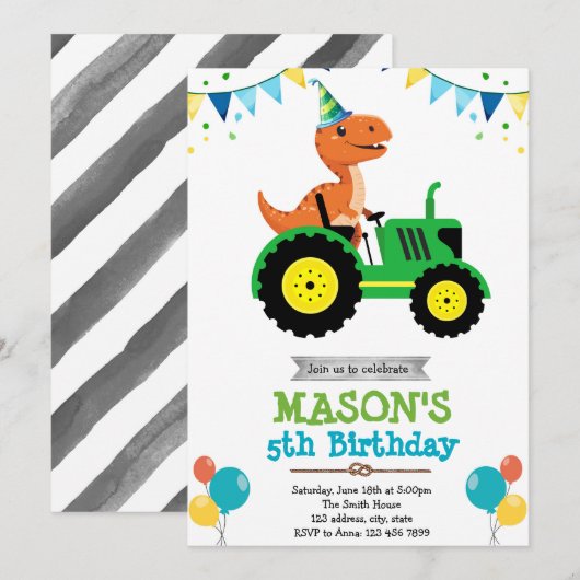 Dinosaurustractor verjaardagsuitnodiging kaart (Voorkant / Achterkant)