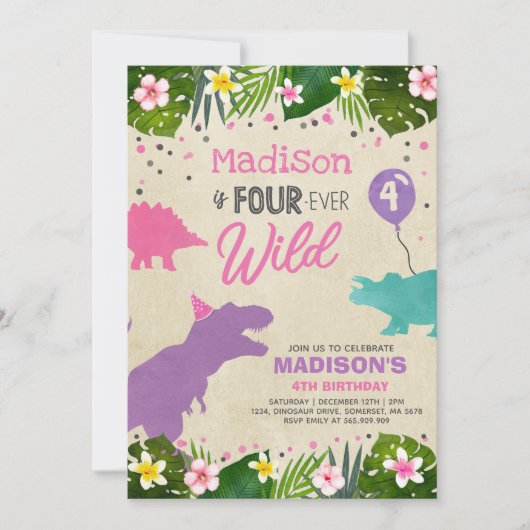 Dinosaurusverjaardag nodigt uit tot vier wilde din kaart (Voorkant)
