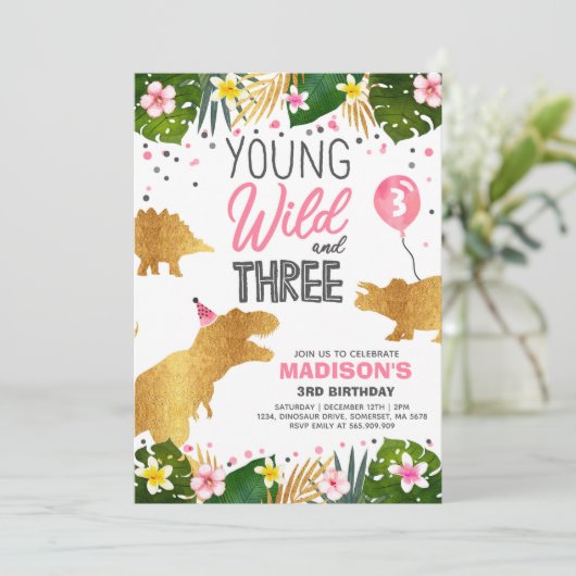 Dinosaurusverjaardag nodigt uit tot wild en drie d kaart (Staand voorkant)