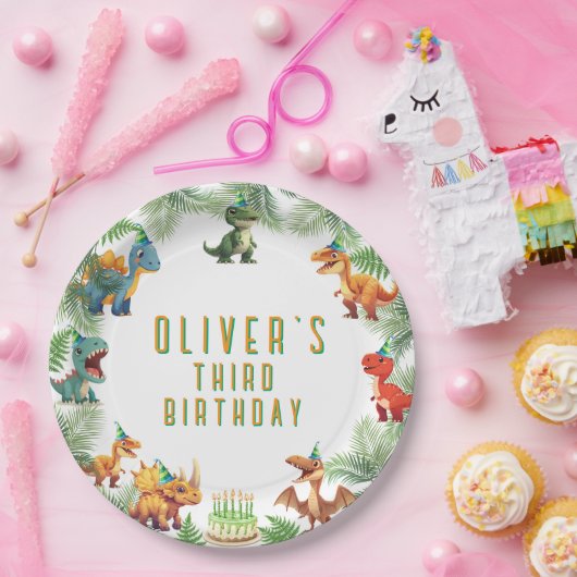 Dinosaurusverjaardag, waterverf t-rex, papieren bo papieren bordje (Feest)