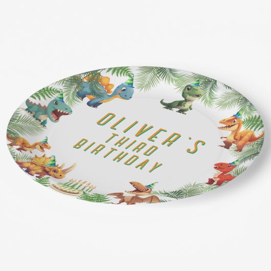 Dinosaurusverjaardag, waterverf t-rex, papieren bo papieren bordje (Gekanteld)