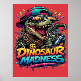 Dinosauruswaanzin — Feestbeest T‑Rex‑afbeelding Poster