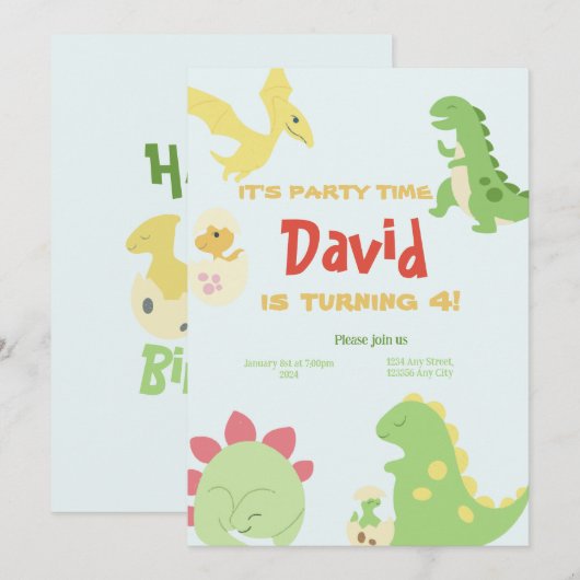 Dinosour verjaardagsuitnodigingen kaart (Voorkant / Achterkant)