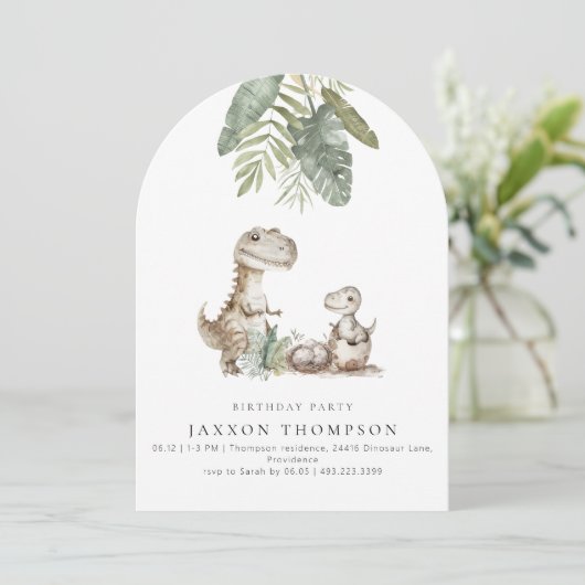 Dinosuar Arched verjaardagsfeest uitnodiging (Staand voorkant)
