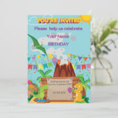 Dinosuar vulkaan jongen verjaardagsfeestje kaart (Staand voorkant)