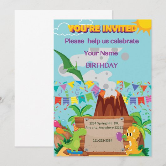 Dinosuar vulkaan jongen verjaardagsfeestje kaart (Voorkant / Achterkant)