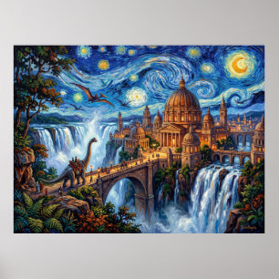 Dinotopia Sterrennacht Watervalstad Poster
