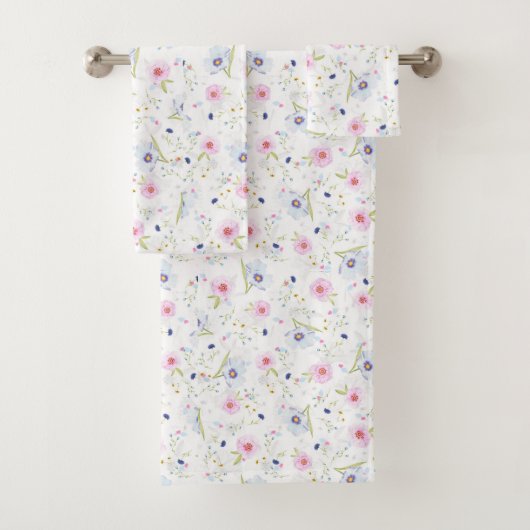Dinty Pink Blue Flowers Floral Patroon Bad Handdoek (Insitu)