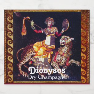DIONYSOS MET EEN GROOTSCHALIGE LEOPARD Griekse moz Sparkling Wijnetiket