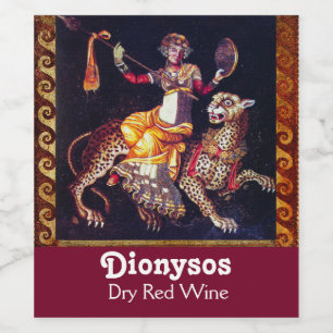 DIONYSOS MET EEN GROOTSCHALIGE LEOPARD Griekse moz Wijn Etiket