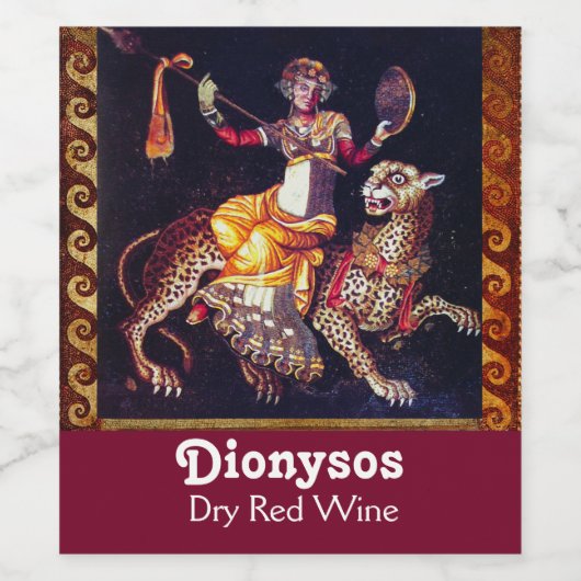 DIONYSOS MET EEN GROOTSCHALIGE LEOPARD Griekse moz Wijn Etiket (Enkel label)