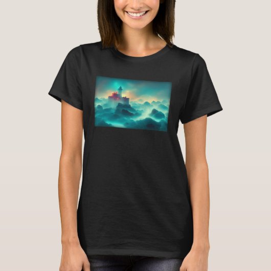 Diorama van het kasteel op wolken lavalamp stromen t-shirt (Voorkant)