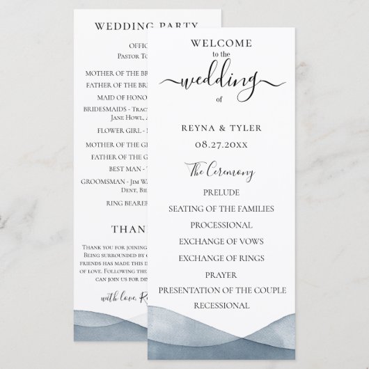 Dip Dye Blauw Aquarel Trouwfeest Programmakaart (Voorkant / Achterkant)