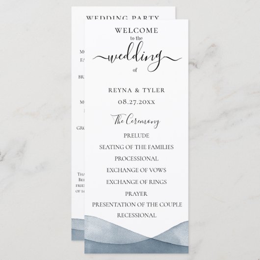 Dip Dye Blue Waterverf bruiloft Programmakaart (Voorkant / Achterkant)