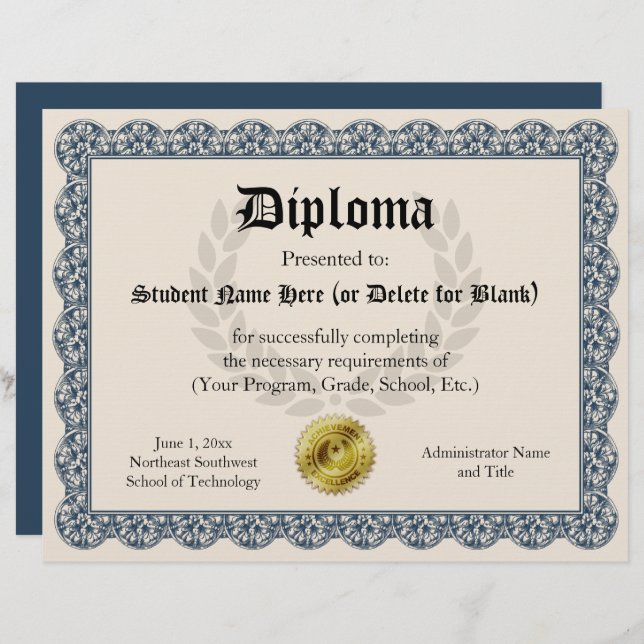 Diploma Certificate of Afstuderen Blue 8.5x11 (Voorkant / Achterkant)