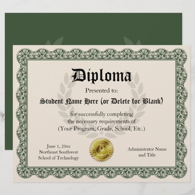 Diploma Certificate of Afstuderen Green 8.5x11 (Voorkant / Achterkant)